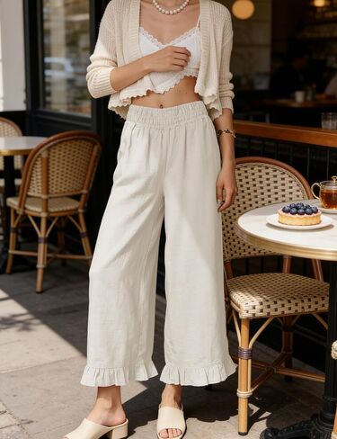 Women's Wide Leg Pants High Waist Ruffle Hem Casual Loose Cropped Trousers Solid Color Lightweight Daily Lounge in Kuwait