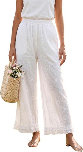 Women's Wide Leg Palazzo Pants Floral Eyelet Elastic Waist Summer Boho Trouser with Pockets in Kuwait