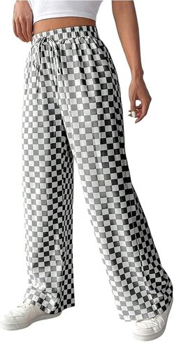 SOLY HUX Women's Checkered Pants Drawstring High Waisted Plaid Pants Straight Leg Casual Pants in Saudi Arabia