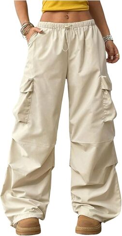 GORGLITTER Women's Ruched Low Waist Cargo Pants Y2K Drawstring Wide Leg Parachute Pants Streetwear Loose Fit Baggy Trackpants in Kuwait