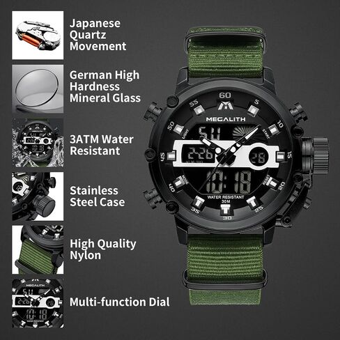 MEGALITH Military Watches for Men Digital: Tactical Wristwatch with Analog Dual Time Display - Waterproof Sport Heavy Duty Watch for Men with LED Alarm Stopwatch Date - Gifts for Him in Saudi Arabia