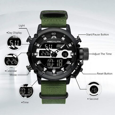 MEGALITH Military Watches for Men Digital: Tactical Wristwatch with Analog Dual Time Display - Waterproof Sport Heavy Duty Watch for Men with LED Alarm Stopwatch Date - Gifts for Him in Saudi Arabia