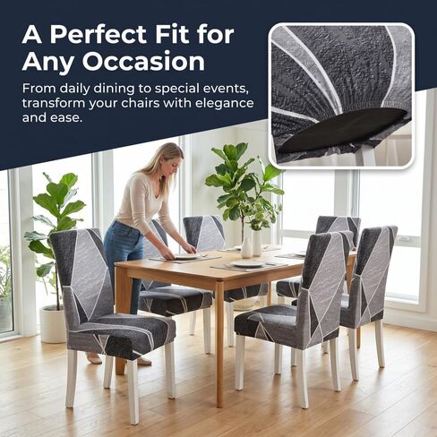 4pcs Integral Elastic Dining Chair Slipcovers and Anti-Slip Fashion Dining Chair Cover, Simple Geometric Printing Chair Protective Cover for Home Decor, Hotel, Restaurant and Banquet Living Room in Kuwait