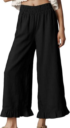 Women's Wide Leg Pants High Waist Ruffle Hem Casual Loose Cropped Trousers Solid Color Lightweight Daily Lounge in Saudi Arabia