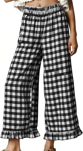 Women's Wide Leg Pants High Waist Ruffle Hem Casual Loose Cropped Trousers Solid Color Lightweight Daily Lounge in Kuwait