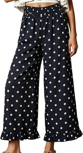 Women's Wide Leg Pants High Waist Ruffle Hem Casual Loose Cropped Trousers Solid Color Lightweight Daily Lounge in Kuwait