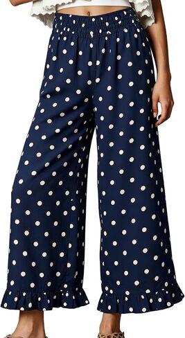 Women's Wide Leg Pants High Waist Ruffle Hem Casual Loose Cropped Trousers Solid Color Lightweight Daily Lounge in Kuwait
