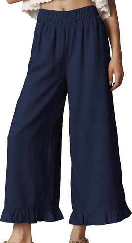 Women's Wide Leg Pants High Waist Ruffle Hem Casual Loose Cropped Trousers Solid Color Lightweight Daily Lounge in Kuwait