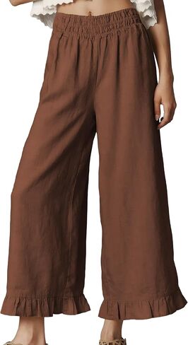 Women's Wide Leg Pants High Waist Ruffle Hem Casual Loose Cropped Trousers Solid Color Lightweight Daily Lounge in Kuwait