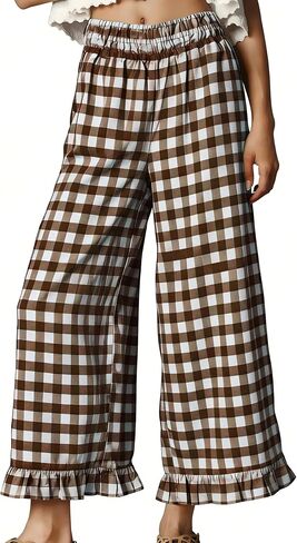 Women's Wide Leg Pants High Waist Ruffle Hem Casual Loose Cropped Trousers Solid Color Lightweight Daily Lounge in Kuwait