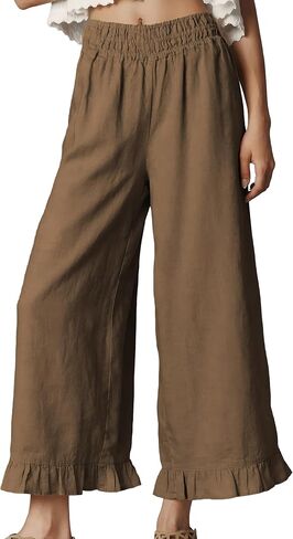 Women's Wide Leg Pants High Waist Ruffle Hem Casual Loose Cropped Trousers Solid Color Lightweight Daily Lounge in Kuwait