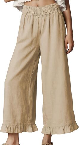 Women's Wide Leg Pants High Waist Ruffle Hem Casual Loose Cropped Trousers Solid Color Lightweight Daily Lounge in Kuwait