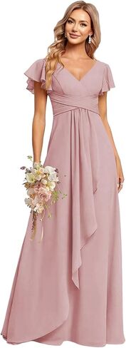 CuteMe Ruffle Sleeve Bridesmaid Dresses for Women Long V Neck Chiffon Long Formal Evening Dress with Pockets CC030 in Saudi Arabia