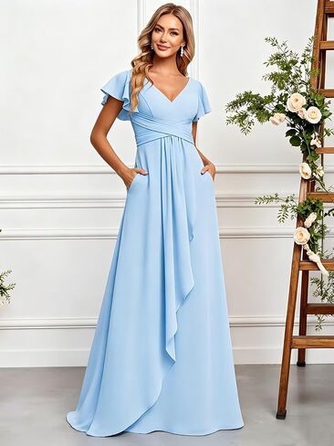 CuteMe Ruffle Sleeve Bridesmaid Dresses for Women Long V Neck Chiffon Long Formal Evening Dress with Pockets CC030 in Saudi Arabia