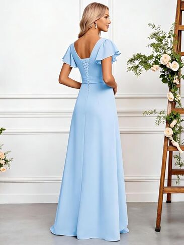 CuteMe Ruffle Sleeve Bridesmaid Dresses for Women Long V Neck Chiffon Long Formal Evening Dress with Pockets CC030 in Saudi Arabia