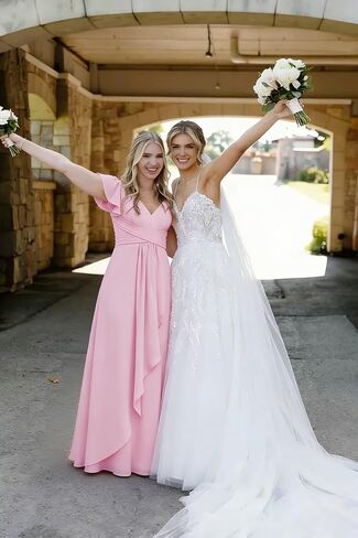 CuteMe Ruffle Sleeve Bridesmaid Dresses for Women Long V Neck Chiffon Long Formal Evening Dress with Pockets CC030 in Saudi Arabia