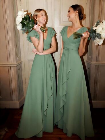 CuteMe Ruffle Sleeve Bridesmaid Dresses for Women Long V Neck Chiffon Long Formal Evening Dress with Pockets CC030 in Saudi Arabia