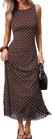 ELLEVEN Women’s Polka Dot Maxi Tank Dress, Sleeveless Boat Neck Bodycon Slim Fit Elegant Long Dress in Kuwait
