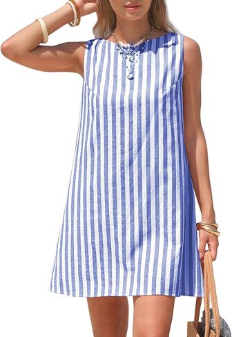 EXLURA Women Summer 100% Cotton Faux Linen Dresses Sleeveless Striped A-Line Mini Sundress Beach Vacation Dress with Pockets in Kuwait
