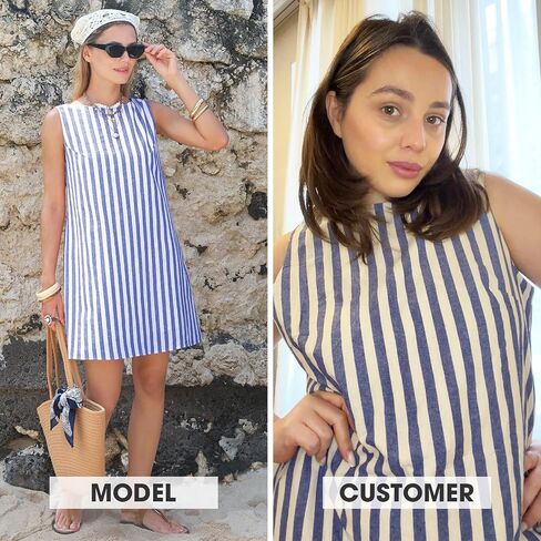 EXLURA Women Summer 100% Cotton Faux Linen Dresses Sleeveless Striped A-Line Mini Sundress Beach Vacation Dress with Pockets in Kuwait