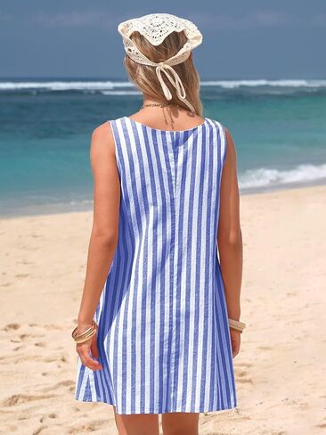 EXLURA Women Summer 100% Cotton Faux Linen Dresses Sleeveless Striped A-Line Mini Sundress Beach Vacation Dress with Pockets in Kuwait