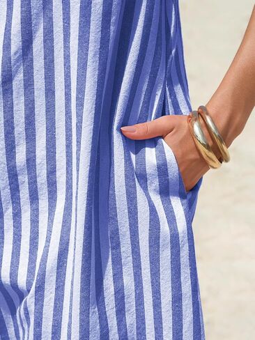 EXLURA Women Summer 100% Cotton Faux Linen Dresses Sleeveless Striped A-Line Mini Sundress Beach Vacation Dress with Pockets in Kuwait