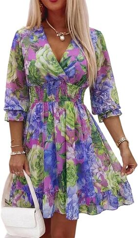 CHICME Women Floral Boho Wrap Dress V-Neck High Waist Short Layered Lined Summer Casual Beach Wedding Guest Dress in Kuwait
