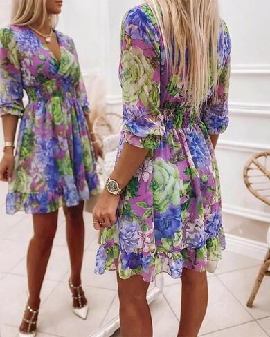 CHICME Women Floral Boho Wrap Dress V-Neck High Waist Short Layered Lined Summer Casual Beach Wedding Guest Dress in Kuwait