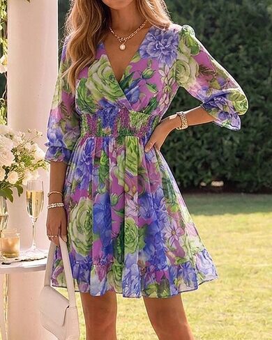 CHICME Women Floral Boho Wrap Dress V-Neck High Waist Short Layered Lined Summer Casual Beach Wedding Guest Dress in Kuwait