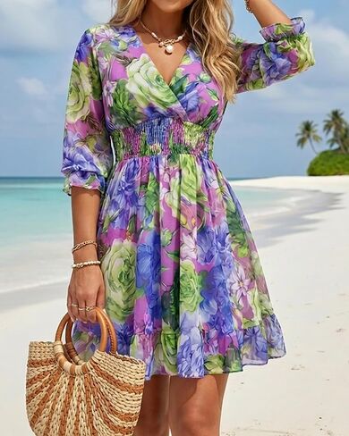 CHICME Women Floral Boho Wrap Dress V-Neck High Waist Short Layered Lined Summer Casual Beach Wedding Guest Dress in Kuwait