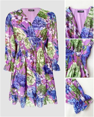 CHICME Women Floral Boho Wrap Dress V-Neck High Waist Short Layered Lined Summer Casual Beach Wedding Guest Dress in Kuwait