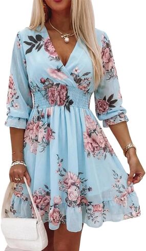 CHICME Women Floral Boho Wrap Dress V-Neck High Waist Short Layered Lined Summer Casual Beach Wedding Guest Dress in Kuwait