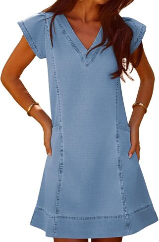 YUNDAI Women’s Denim V-Neck Short Sleeve Casual Mini Dress with Pockets Loose Fit Summer Tunic Dress in Kuwait