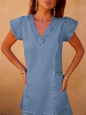 YUNDAI Women’s Denim V-Neck Short Sleeve Casual Mini Dress with Pockets Loose Fit Summer Tunic Dress in Kuwait