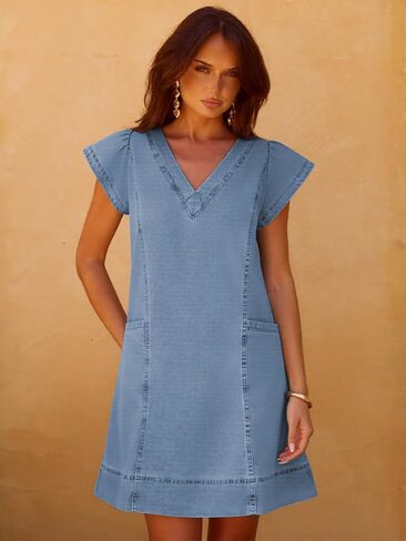 YUNDAI Women’s Denim V-Neck Short Sleeve Casual Mini Dress with Pockets Loose Fit Summer Tunic Dress in Kuwait