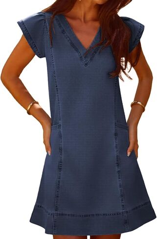 YUNDAI Women’s Denim V-Neck Short Sleeve Casual Mini Dress with Pockets Loose Fit Summer Tunic Dress in Kuwait