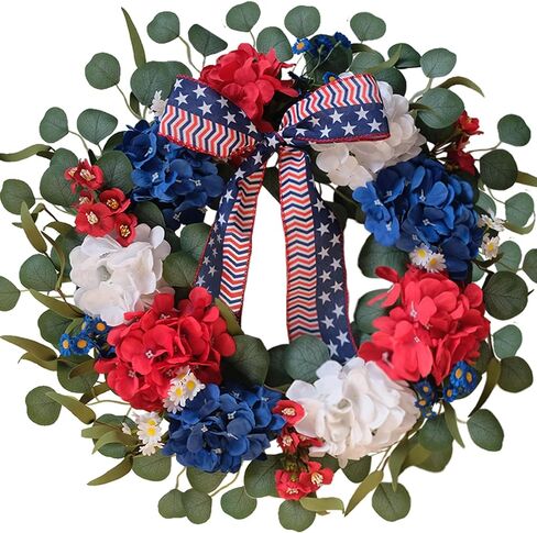 TEMPUS 20 Inch Patriotic Wreath for Front Door, 4th of July Decorations, Red White and Blue Silk Hydrangea Wreath with Eucalyptus, Handmade Memorial Day Independence Day, Labor Day Spring Summer Decor in Kuwait