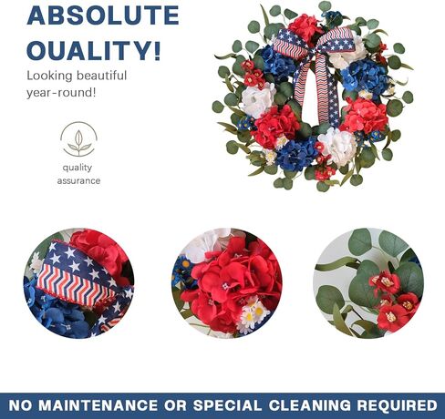 TEMPUS 20 Inch Patriotic Wreath for Front Door, 4th of July Decorations, Red White and Blue Silk Hydrangea Wreath with Eucalyptus, Handmade Memorial Day Independence Day, Labor Day Spring Summer Decor in Kuwait
