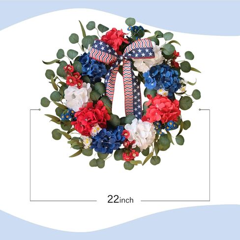 TEMPUS 20 Inch Patriotic Wreath for Front Door, 4th of July Decorations, Red White and Blue Silk Hydrangea Wreath with Eucalyptus, Handmade Memorial Day Independence Day, Labor Day Spring Summer Decor in Kuwait