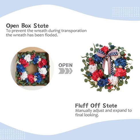 TEMPUS 20 Inch Patriotic Wreath for Front Door, 4th of July Decorations, Red White and Blue Silk Hydrangea Wreath with Eucalyptus, Handmade Memorial Day Independence Day, Labor Day Spring Summer Decor in Kuwait