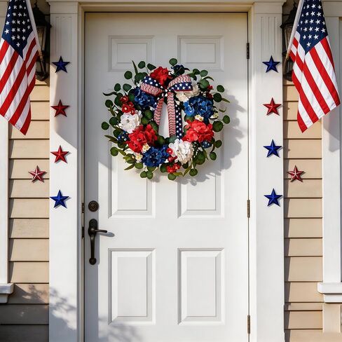 TEMPUS 20 Inch Patriotic Wreath for Front Door, 4th of July Decorations, Red White and Blue Silk Hydrangea Wreath with Eucalyptus, Handmade Memorial Day Independence Day, Labor Day Spring Summer Decor in Kuwait