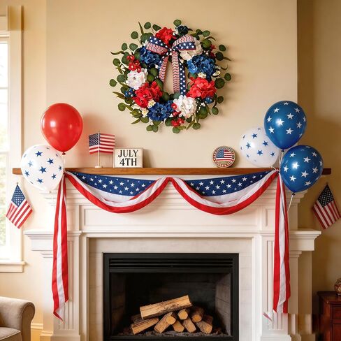 TEMPUS 20 Inch Patriotic Wreath for Front Door, 4th of July Decorations, Red White and Blue Silk Hydrangea Wreath with Eucalyptus, Handmade Memorial Day Independence Day, Labor Day Spring Summer Decor in Kuwait