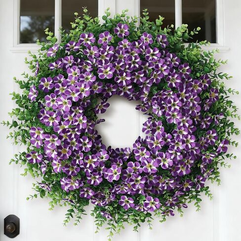 26" Large Artificial Eucalyptus with Flower Wreath for Front Door - Realistic Fake Silk Morning Glory Flowers, Faux Colored Flower Wreath for Home, Farmhouse, Wedding, Indoor, Outdoor Decor (Purple) in Saudi Arabia