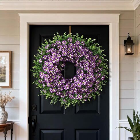 26" Large Artificial Eucalyptus with Flower Wreath for Front Door - Realistic Fake Silk Morning Glory Flowers, Faux Colored Flower Wreath for Home, Farmhouse, Wedding, Indoor, Outdoor Decor (Purple) in Saudi Arabia