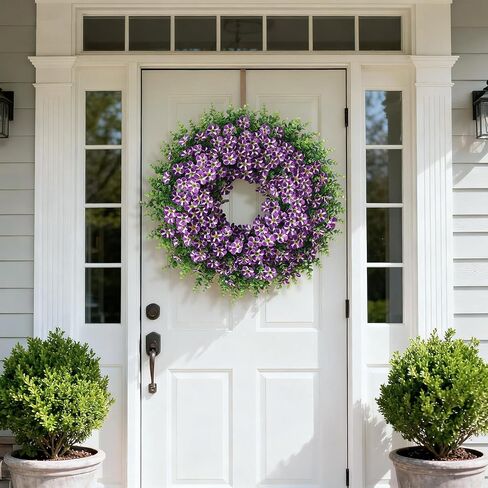 26" Large Artificial Eucalyptus with Flower Wreath for Front Door - Realistic Fake Silk Morning Glory Flowers, Faux Colored Flower Wreath for Home, Farmhouse, Wedding, Indoor, Outdoor Decor (Purple) in Saudi Arabia