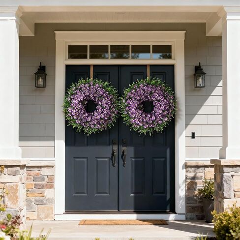 26" Large Artificial Eucalyptus with Flower Wreath for Front Door - Realistic Fake Silk Morning Glory Flowers, Faux Colored Flower Wreath for Home, Farmhouse, Wedding, Indoor, Outdoor Decor (Purple) in Saudi Arabia