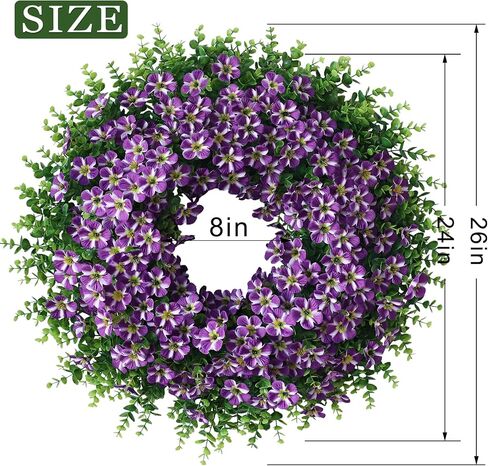 26" Large Artificial Eucalyptus with Flower Wreath for Front Door - Realistic Fake Silk Morning Glory Flowers, Faux Colored Flower Wreath for Home, Farmhouse, Wedding, Indoor, Outdoor Decor (Purple) in Saudi Arabia