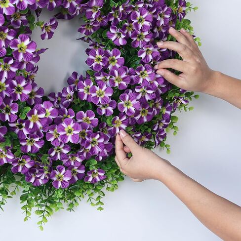 26" Large Artificial Eucalyptus with Flower Wreath for Front Door - Realistic Fake Silk Morning Glory Flowers, Faux Colored Flower Wreath for Home, Farmhouse, Wedding, Indoor, Outdoor Decor (Purple) in Saudi Arabia