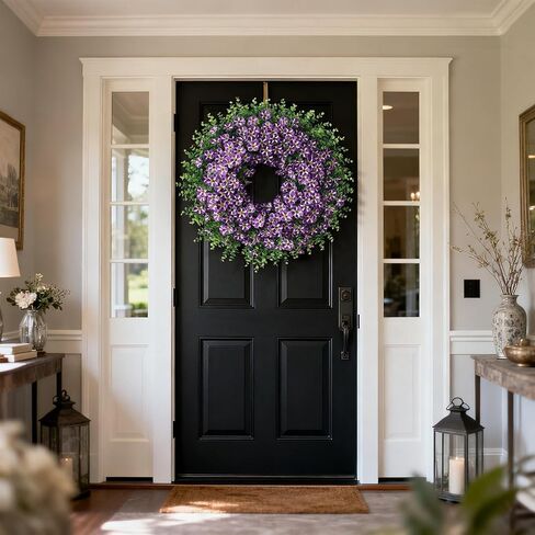 26" Large Artificial Eucalyptus with Flower Wreath for Front Door - Realistic Fake Silk Morning Glory Flowers, Faux Colored Flower Wreath for Home, Farmhouse, Wedding, Indoor, Outdoor Decor (Purple) in Saudi Arabia