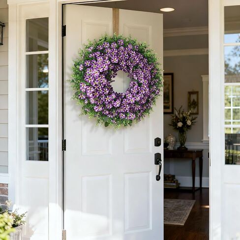 26" Large Artificial Eucalyptus with Flower Wreath for Front Door - Realistic Fake Silk Morning Glory Flowers, Faux Colored Flower Wreath for Home, Farmhouse, Wedding, Indoor, Outdoor Decor (Purple) in Saudi Arabia